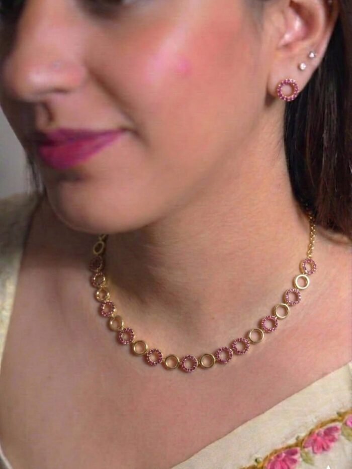 Elegant Pink Circle Necklace Set With earrings