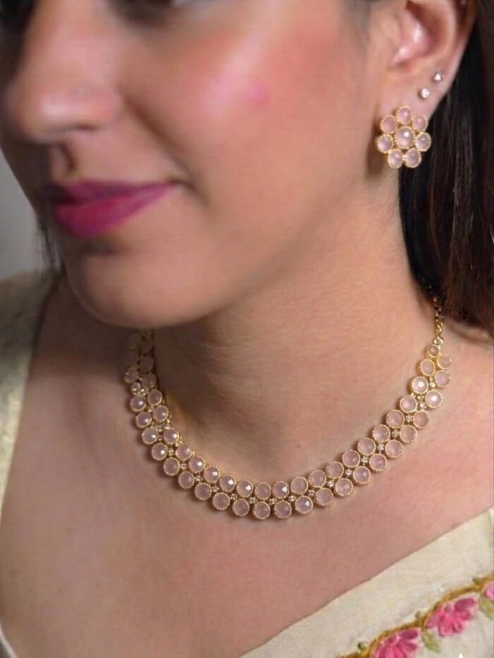 Pastel Pink Stone Choker Necklace and Flower Stud Earrings Set