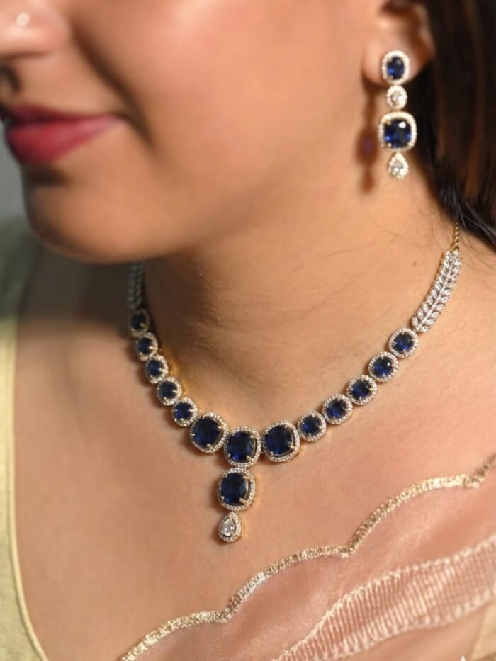 Royal Blue Cushion-Cut Stone Choker and Matching Drop Earring Set