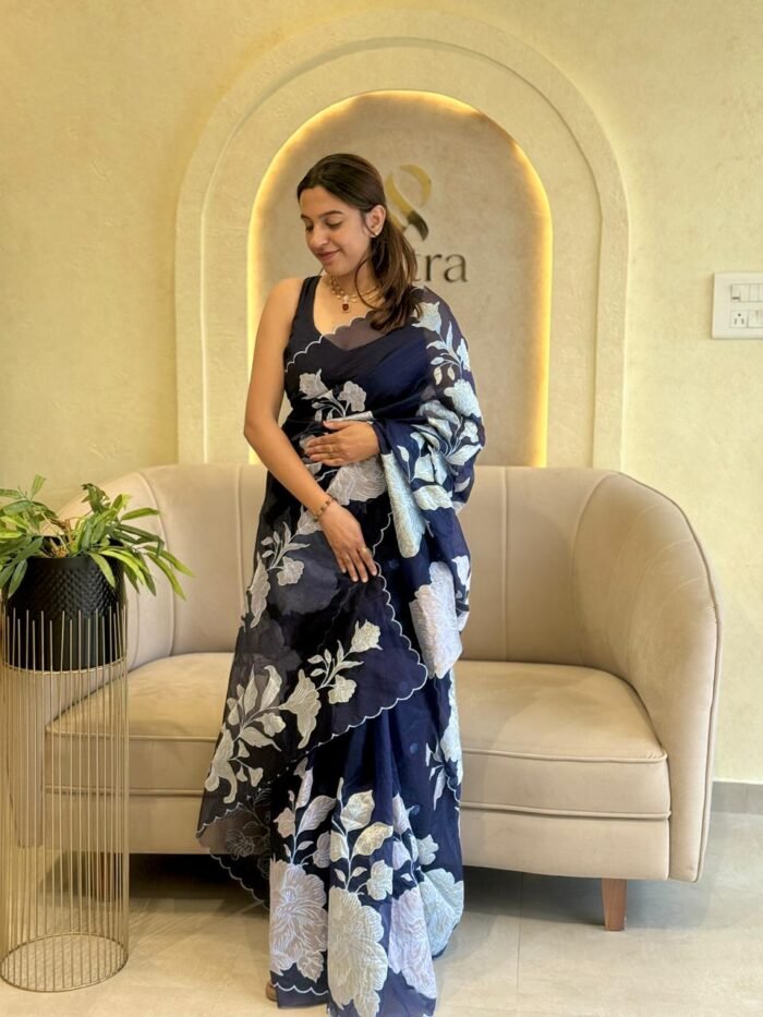 TURKISH ORGANZA FLORAL SAREE WITH SCALLOPED LACE BORDER - NAVY BLUE