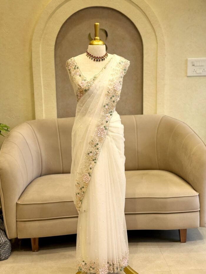 DESIGNER FLORAL PARTYWEAR SAREE IVORY COLOR
