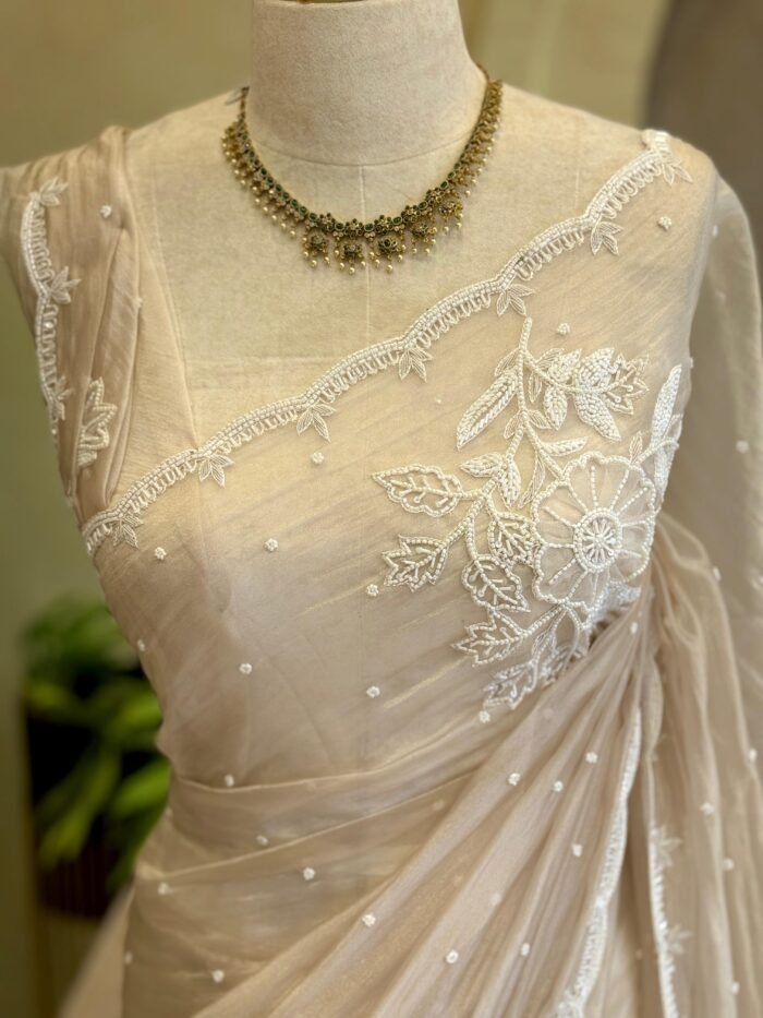 OFF WHITE CRUSHED SILK EMBROIDARY SAREEE