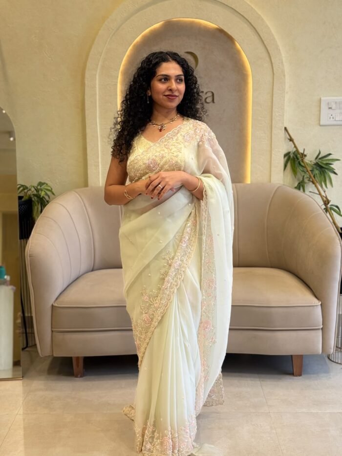 FLORAL HANDWORKED PISTA GREEN PARTYWEAR SAREE