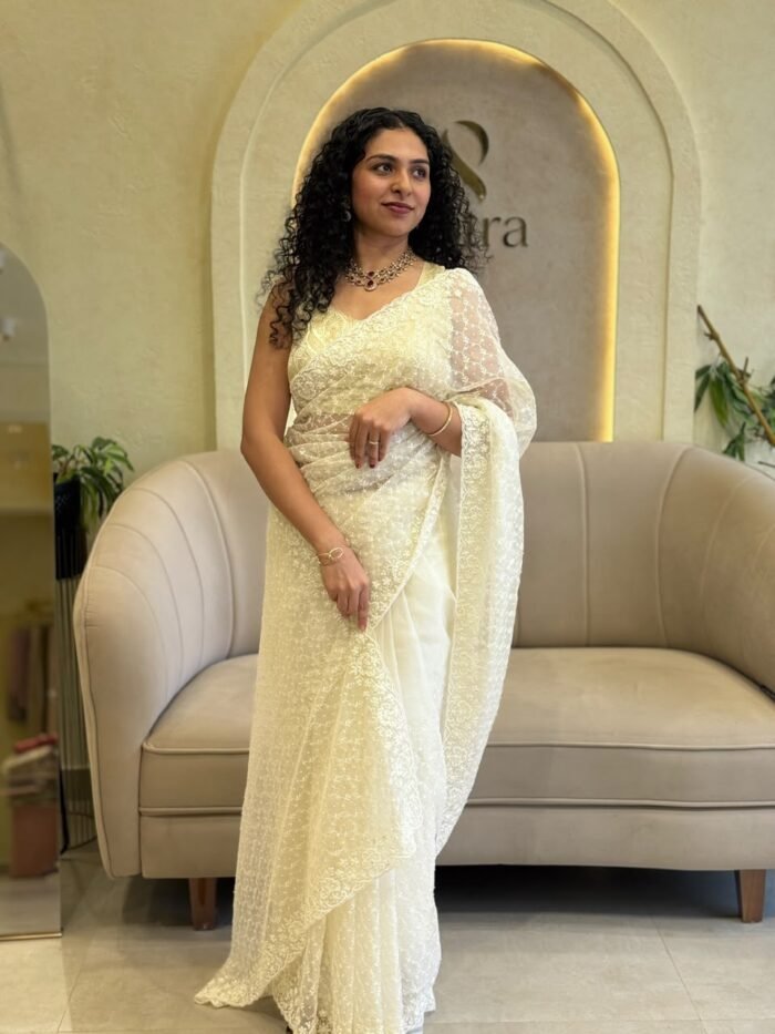 OFF WHITE HANDWORKED FUNCTIONAL WEAR PREMIUM SAREE