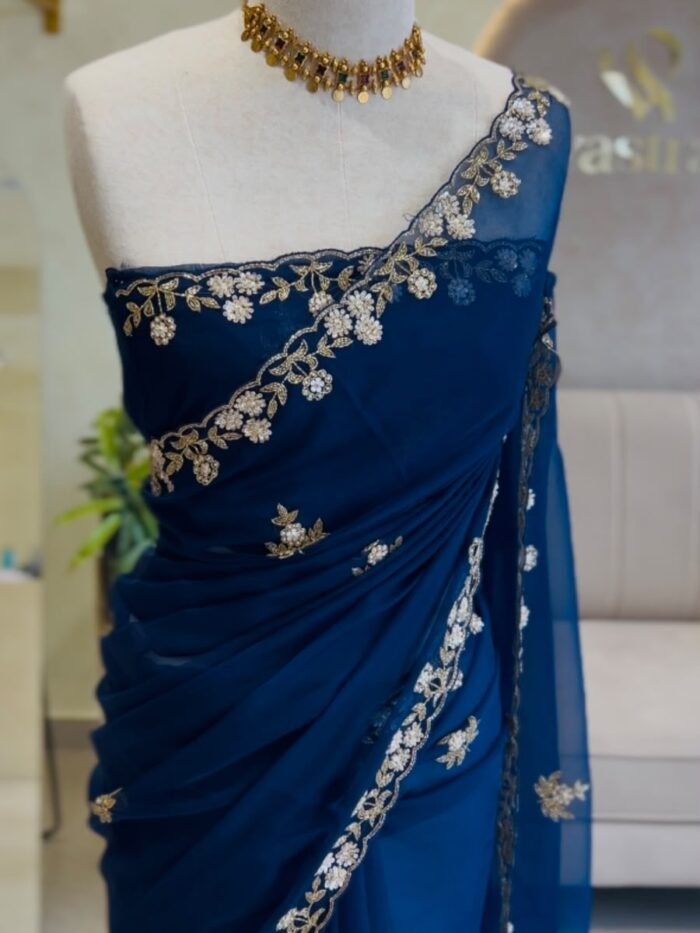 ROYAL BLUE HANDWORKED ORGANZA SAREE