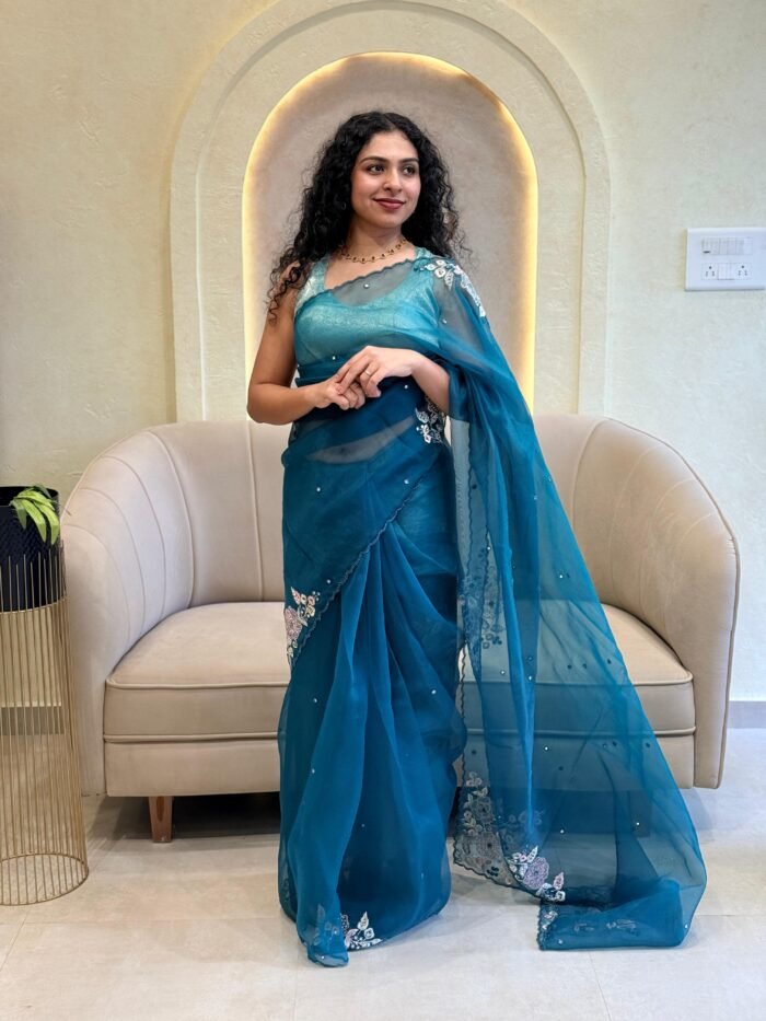 SIMPLE HANDWORKED PARYWEAR SAREE IN GREEN SHADE