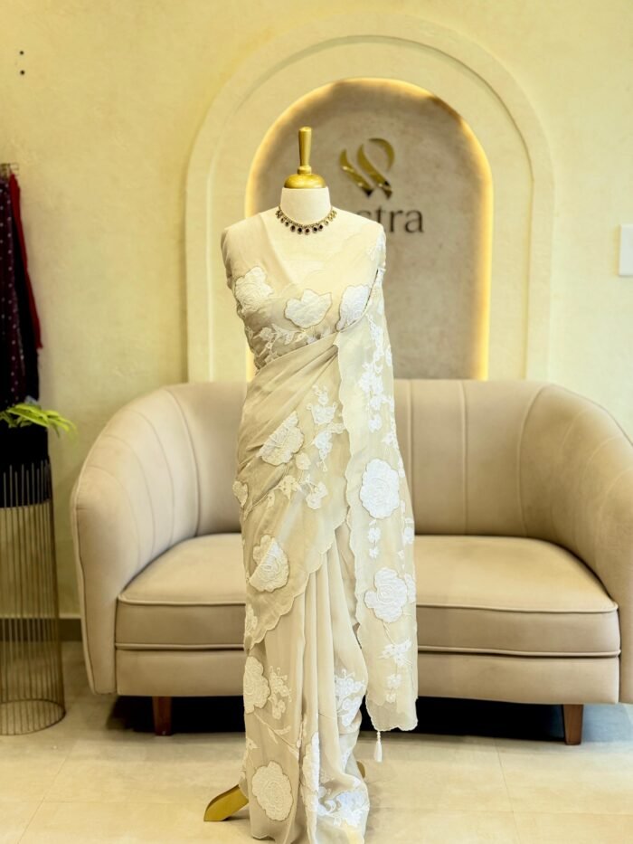 WHITE ORGANZA SAREE WITH FLORAL EMBROIDARY AND BEADS WORK