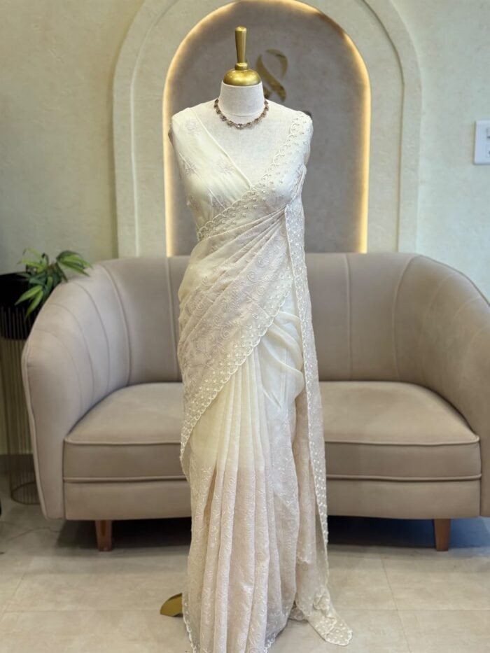 WHITE BEAUTY EMBROIDARY SAREE